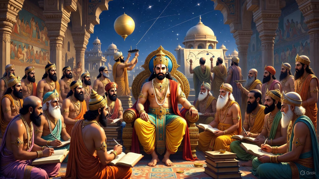 Gupta Age illustration showing Chandragupta II, scholars, Nalanda University, and golden-era Indian culture.