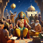 Gupta Age illustration showing Chandragupta II, scholars, Nalanda University, and golden-era Indian culture.