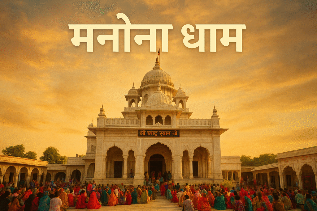 मनोना धाम का मुख्य मंदिर — भक्तों के साथ शाम के समय का भक्ति-मय दृश्य