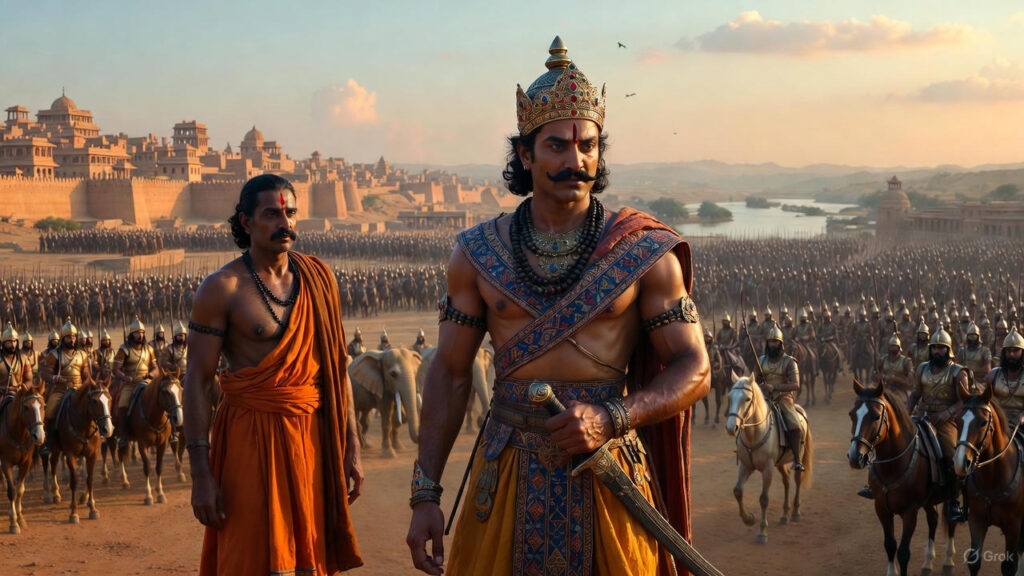 Chandragupta Maurya with Chanakya and Ashoka in a realistic ancient Indian setting, Mauryan army and rock edicts in the background.