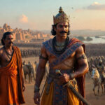 Chandragupta Maurya with Chanakya and Ashoka in a realistic ancient Indian setting, Mauryan army and rock edicts in the background.