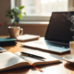 Indian office desk with open diary, laptop, pen and coffee mug in warm natural light