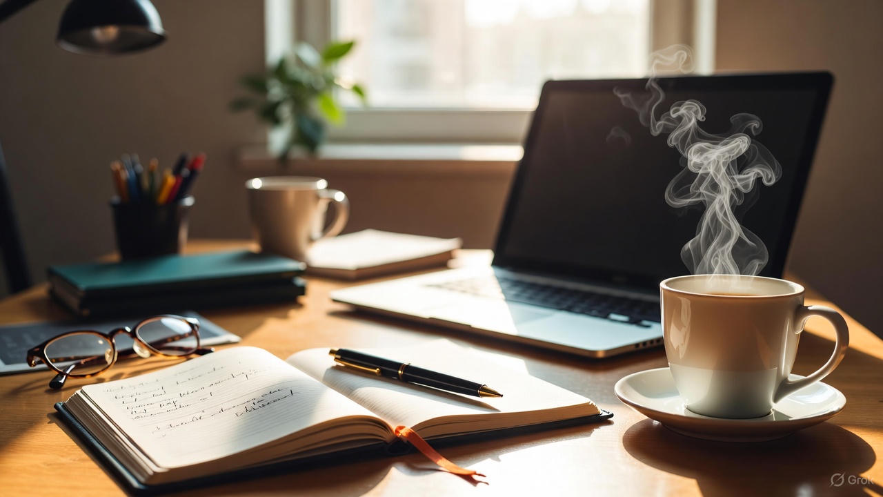 Indian office desk with open diary, laptop, pen and coffee mug in warm natural light