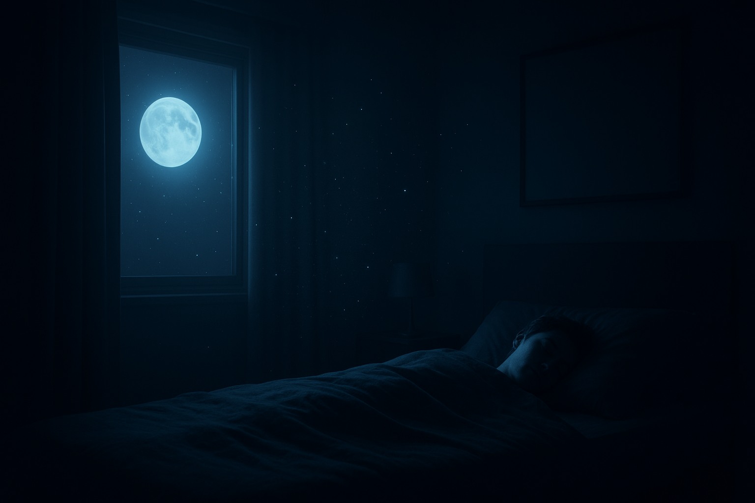 Person sleeping peacefully in a dark bedroom with moonlight coming through the window, representing the benefits of deep sleep for brain health.