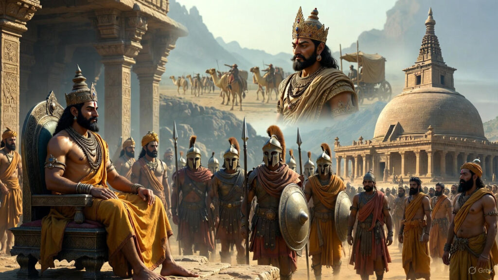 Post-Maurya India showing Sunga court, Indo-Greek warriors, Kushan ruler on Silk Road, and Satavahana stupa.