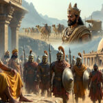 Post-Maurya India showing Sunga court, Indo-Greek warriors, Kushan ruler on Silk Road, and Satavahana stupa.