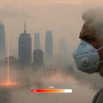 Smog-covered metro city skyline with poor AQI