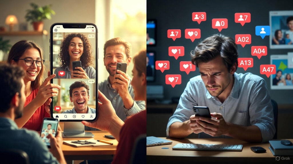 Split-screen illustration showing the positive and negative impact of social media—one side with happy connections and the other side showing loneliness and digital overload.