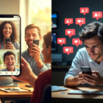 Split-screen illustration showing the positive and negative impact of social media—one side with happy connections and the other side showing loneliness and digital overload.