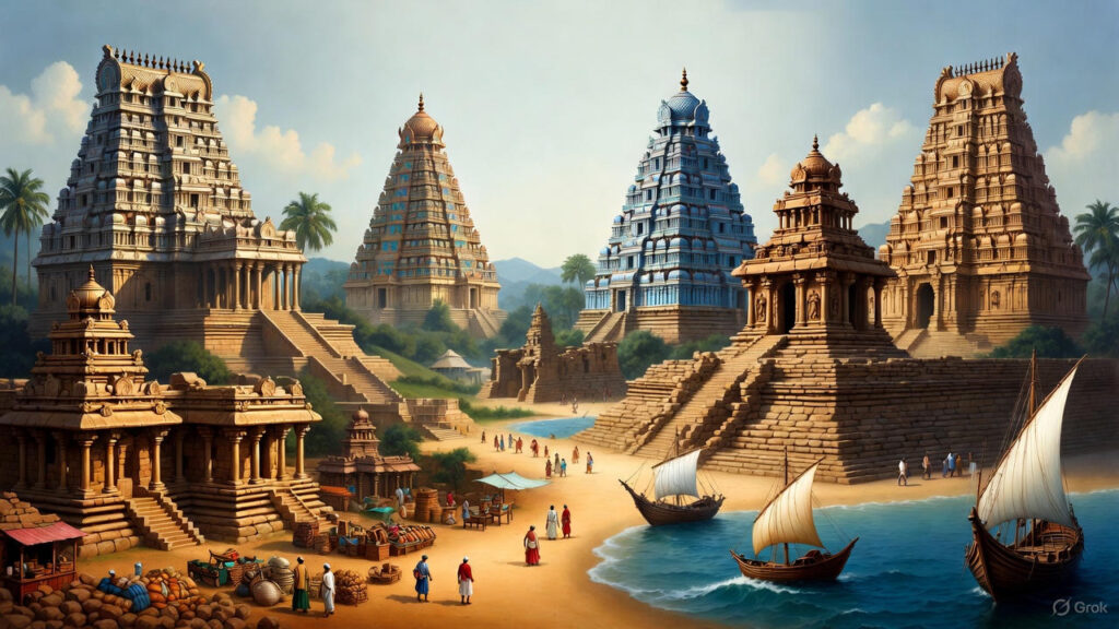 Traditional illustration showing Chola, Chera, Pandya and Vijayanagara kings with South Indian temples and maritime scene in the background.