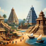Traditional illustration showing Chola, Chera, Pandya and Vijayanagara kings with South Indian temples and maritime scene in the background.
