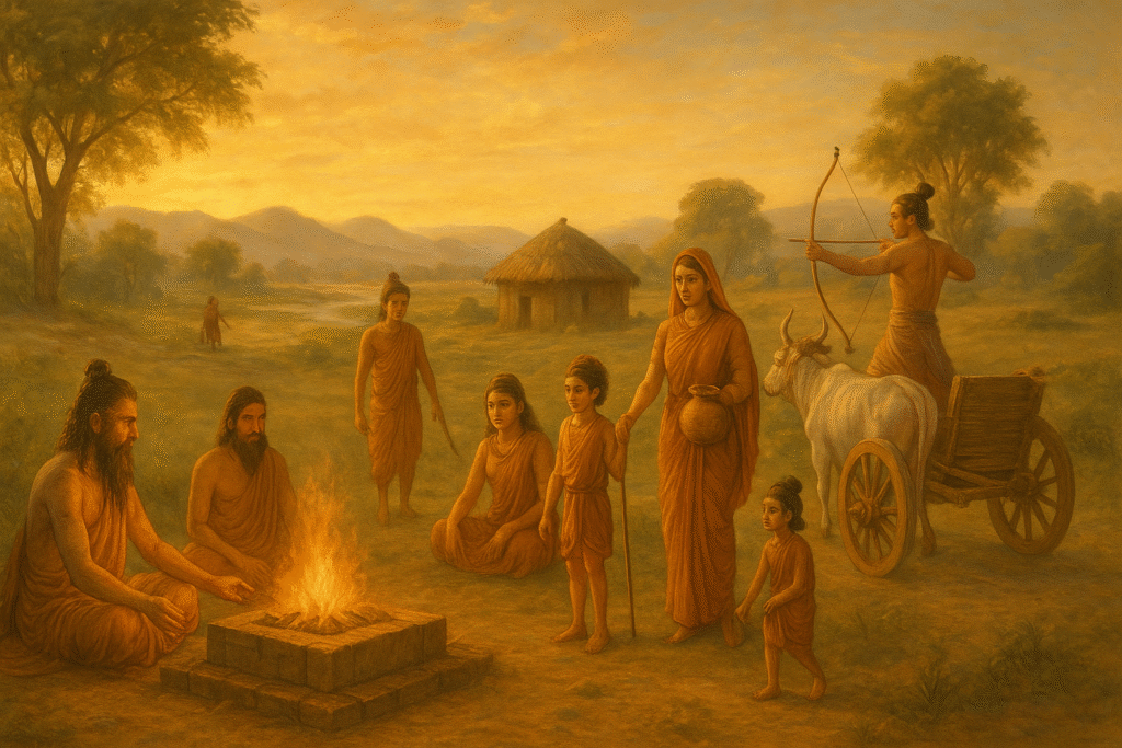 Ancient Vedic Age scene with sages performing yajna, a family near a fire, early huts, ox cart, and a warrior with a bow in a peaceful rural landscape.