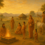 Ancient Vedic Age scene with sages performing yajna, a family near a fire, early huts, ox cart, and a warrior with a bow in a peaceful rural landscape.