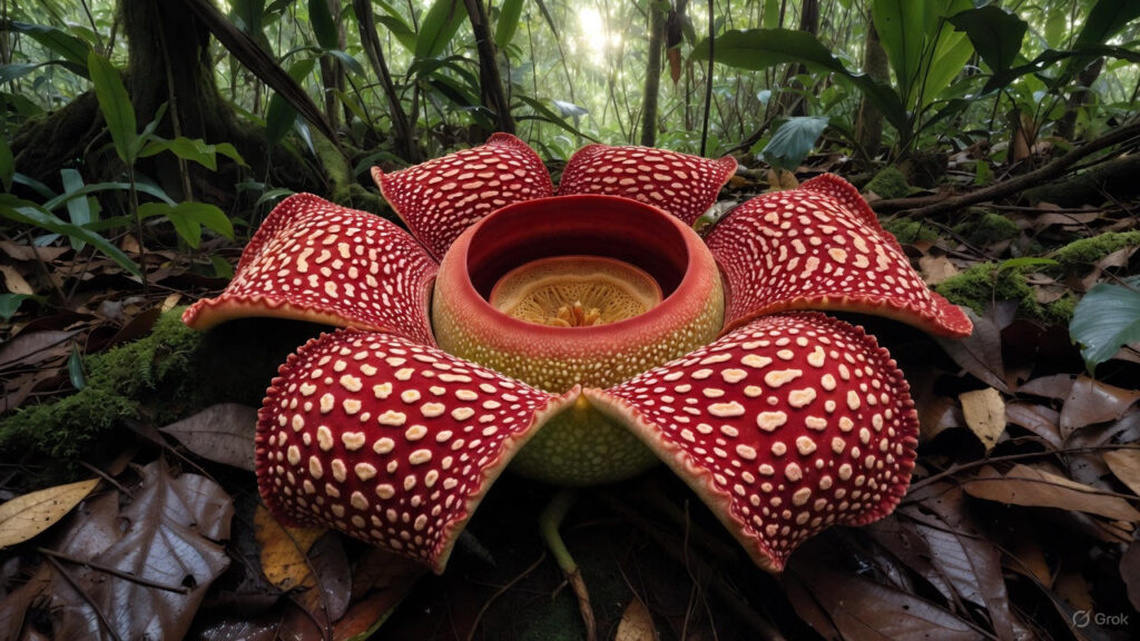 Rafflesia arnoldii blooming in the rainforest of Sumatra, the world’s largest and rarest flower.