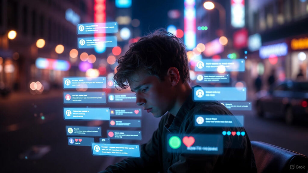 A stressed young person surrounded by digital screens and modern city chaos, symbolizing growing mental pressure in 2025