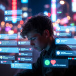 A stressed young person surrounded by digital screens and modern city chaos, symbolizing growing mental pressure in 2025