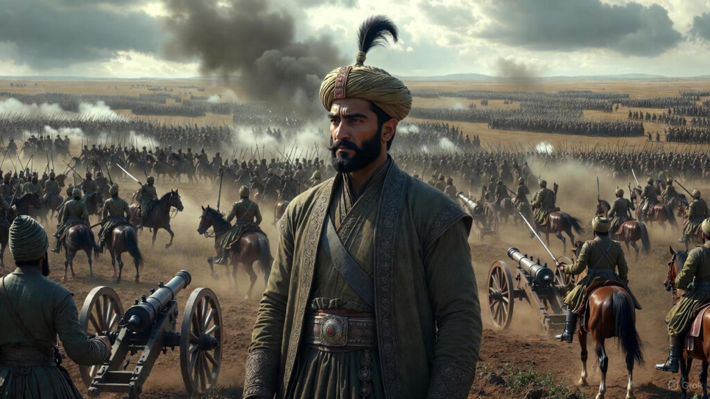 Babur, मुगल साम्राज्य के संस्थापक, 1526 की First Battle of Panipat में तोपखाने के साथ युद्ध करते हुए