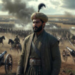 Babur, मुगल साम्राज्य के संस्थापक, 1526 की First Battle of Panipat में तोपखाने के साथ युद्ध करते हुए