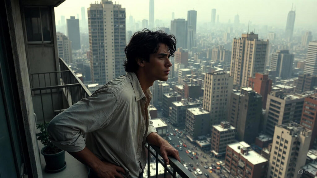 A person standing on a balcony looking at a polluted, busy city while thinking about buying a house