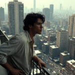 A person standing on a balcony looking at a polluted, busy city while thinking about buying a house