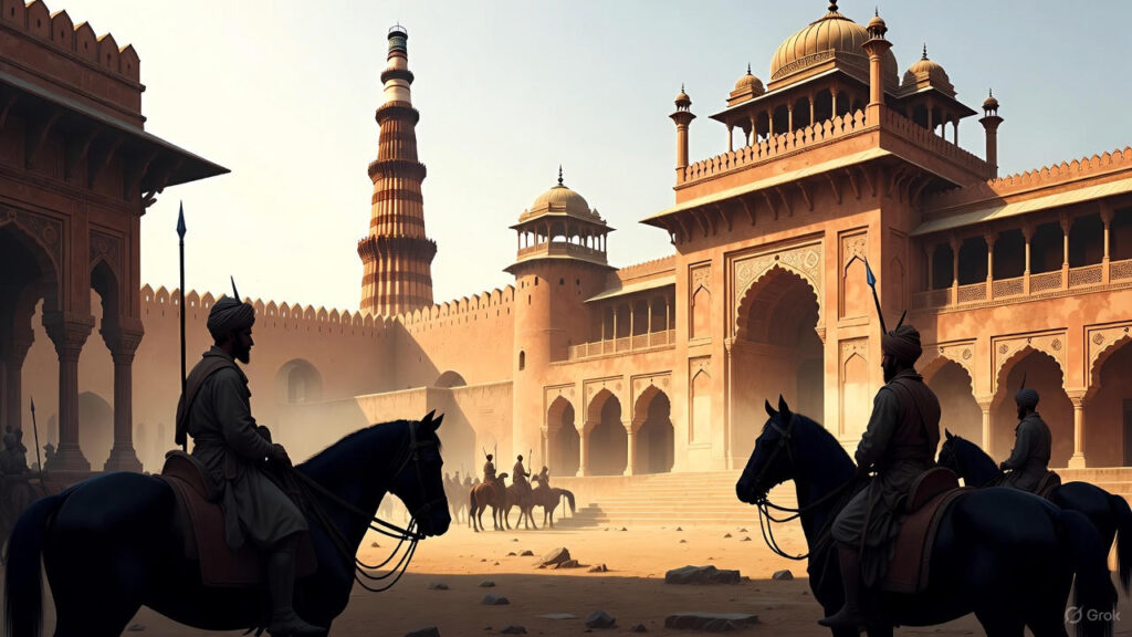 Delhi Sultanate era illustration with Qutb Minar, medieval soldiers and Indo-Islamic architecture