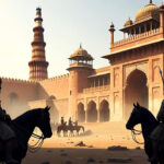 Delhi Sultanate era illustration with Qutb Minar, medieval soldiers and Indo-Islamic architecture