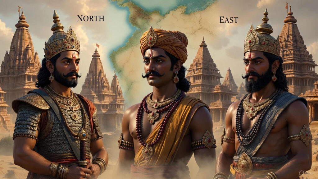 Illustration of Early Medieval India showing Pratihara, Pala, and Rashtrakuta empires during the Tripartite Struggle period (700–1200 CE).