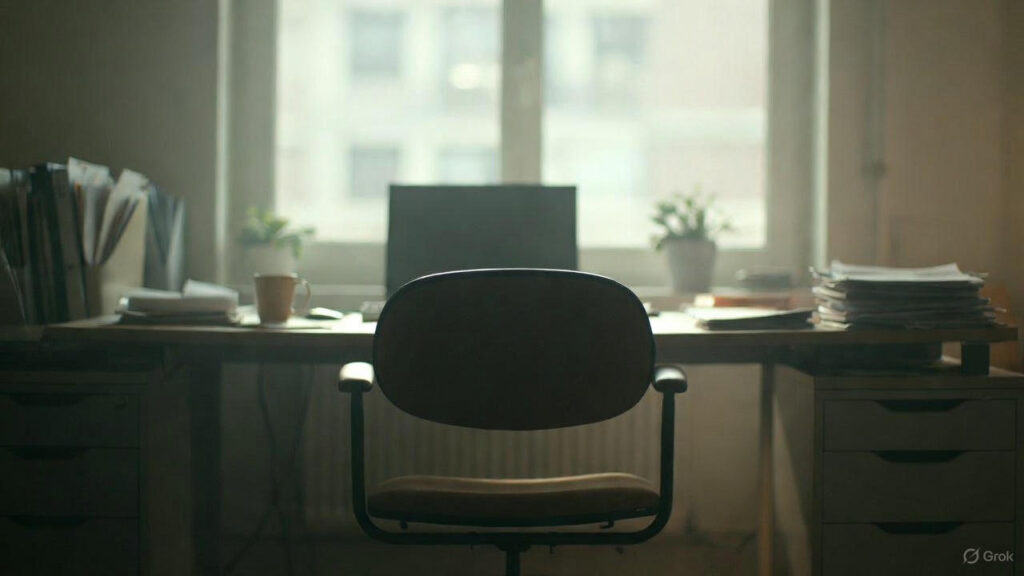 An empty office chair with a box of belongings symbolizing layoff stress and emotional impact.