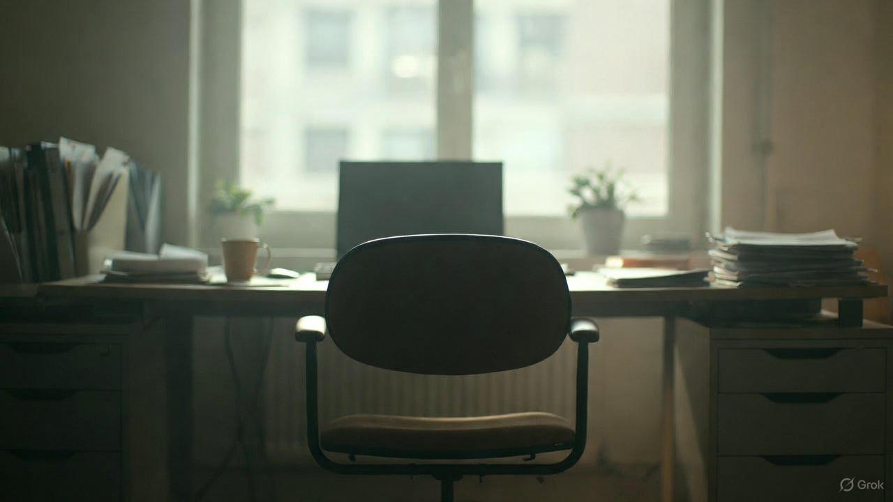 An empty office chair with a box of belongings symbolizing layoff stress and emotional impact.