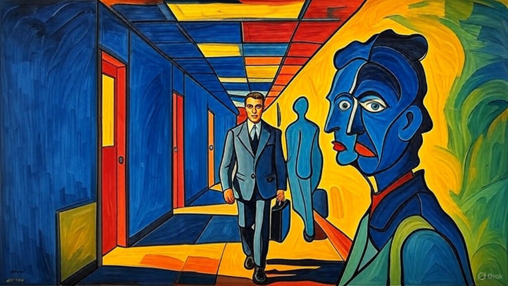 Office corridor with symbolic shadows representing corporate politics