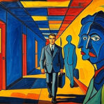 Office corridor with symbolic shadows representing corporate politics