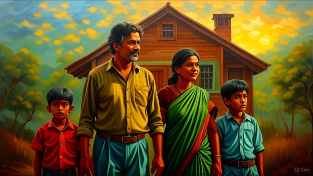 A middle-class family looking at a distant house symbolizing rising prices and unreachable dreams