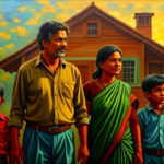 A middle-class family looking at a distant house symbolizing rising prices and unreachable dreams