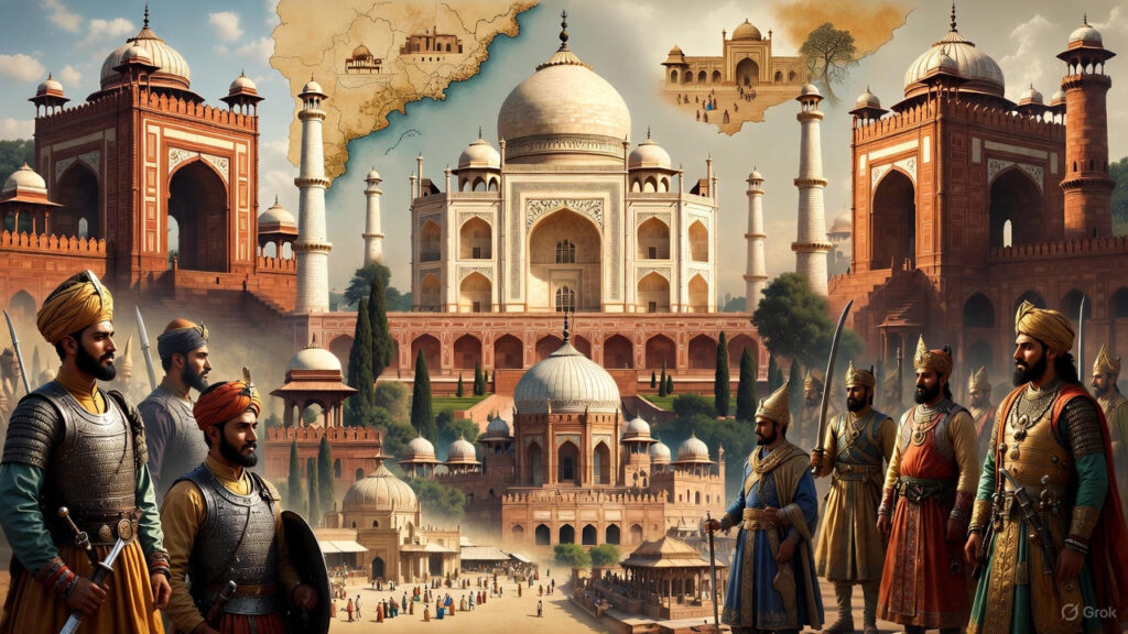 Illustration showing the Mughal Empire during its peak with Taj Mahal, Red Fort, Mughal architecture and royal court elements.