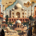 Illustration showing the Mughal Empire during its peak with Taj Mahal, Red Fort, Mughal architecture and royal court elements.