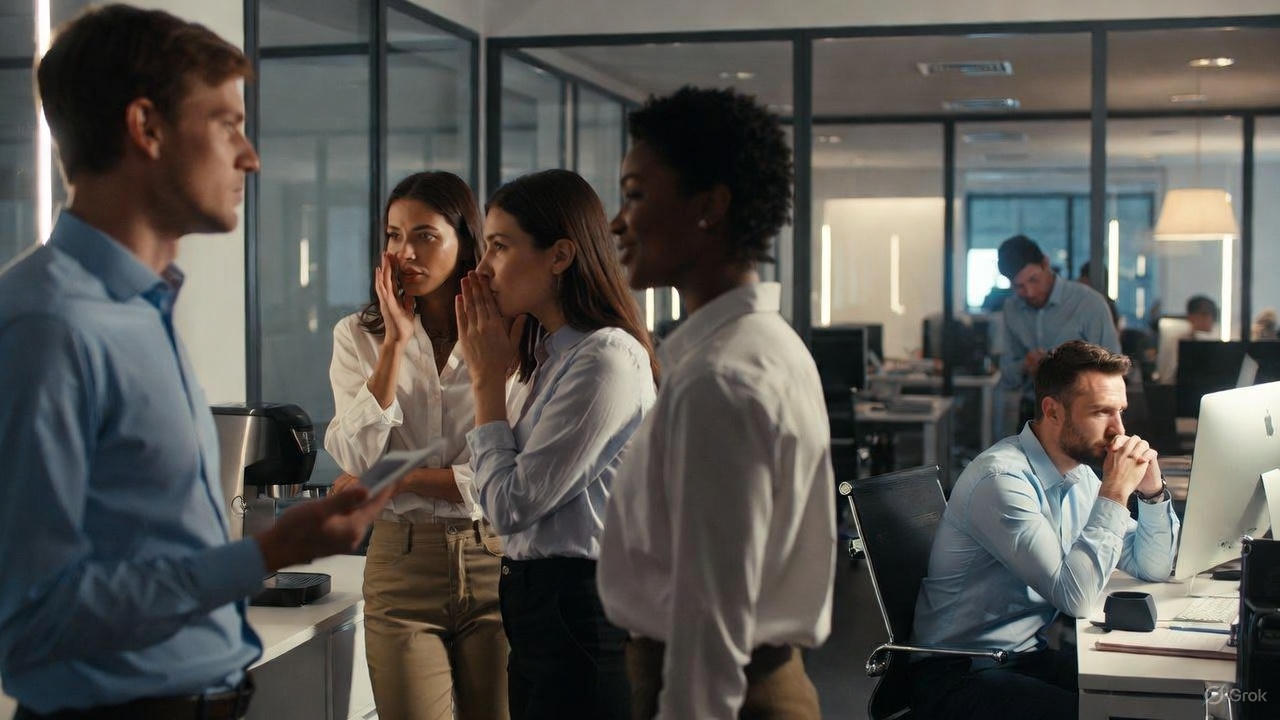 Office gossip showing coworkers whispering while one employee feels isolated in a corporate office
