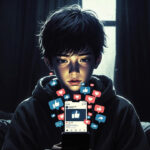 Phone light reflecting on a person sitting in darkness surrounded by like icons, representing social validation addiction.