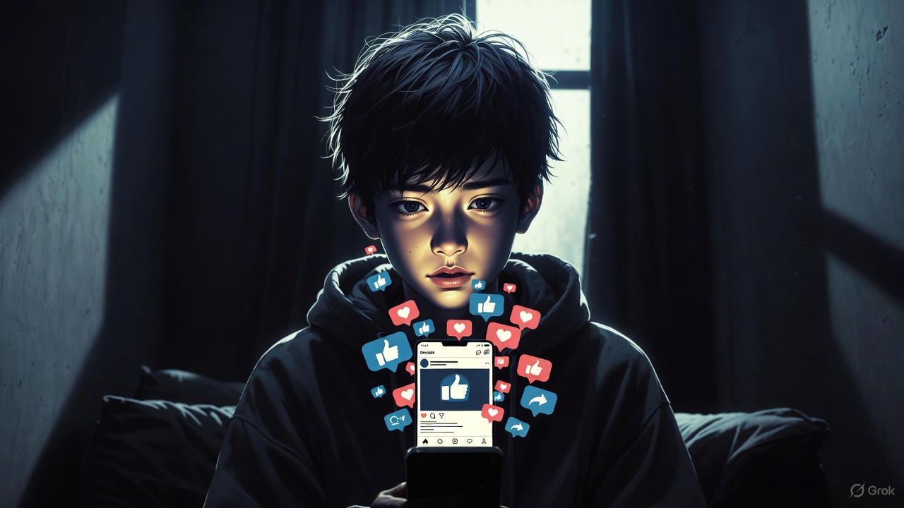 Phone light reflecting on a person sitting in darkness surrounded by like icons, representing social validation addiction.