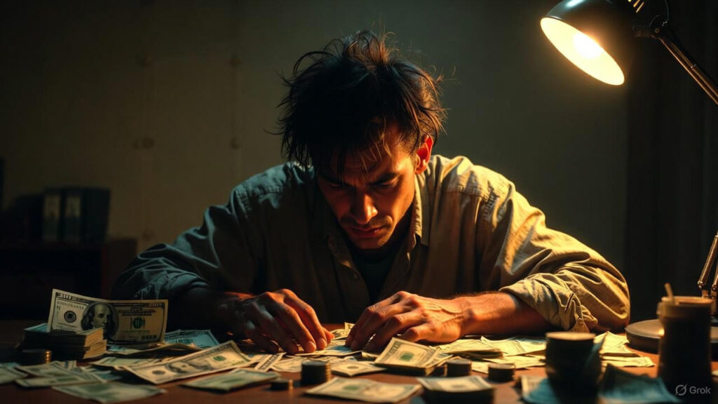 A tired person sitting at a desk surrounded by money and bills, symbolizing the stress of earning money at the cost of peace and sleep.