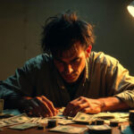 A tired person sitting at a desk surrounded by money and bills, symbolizing the stress of earning money at the cost of peace and sleep.