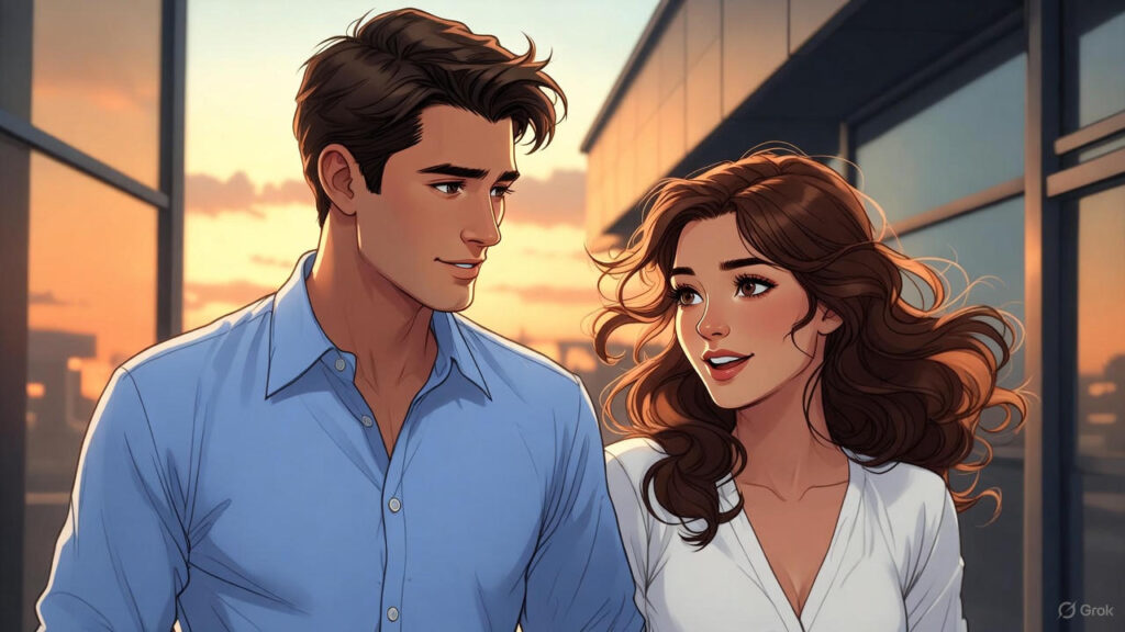 दो ऑफिस सहकर्मी नौकरी बदलने के बाद भी दोस्ती बनाए रखते हुए साथ चलते हुए दिखाए गए—emotional corporate bonding का प्रतीक।