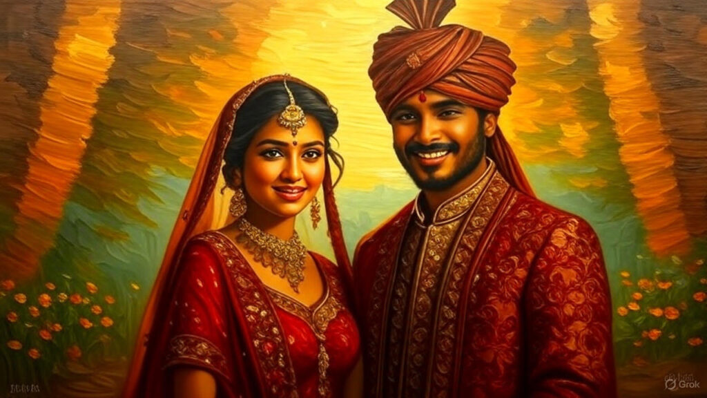 भारतीय शादी में साथ खड़ा एक जोड़ा, गोरी दुल्हन और सांवले दूल्हे के साथ, प्यार और आत्मविश्वास दर्शाते हुए।