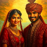 भारतीय शादी में साथ खड़ा एक जोड़ा, गोरी दुल्हन और सांवले दूल्हे के साथ, प्यार और आत्मविश्वास दर्शाते हुए।