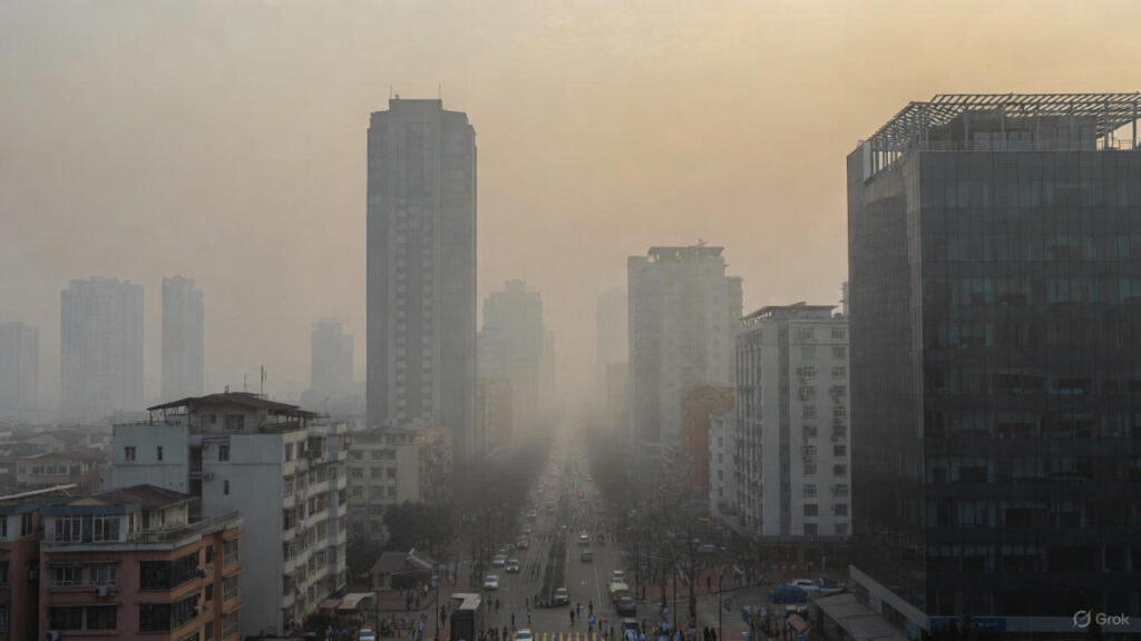 प्रदूषण से ढका एक बड़ा शहर, धुंध और स्मॉग में घिरी इमारतें और मास्क पहने चलते लोग।