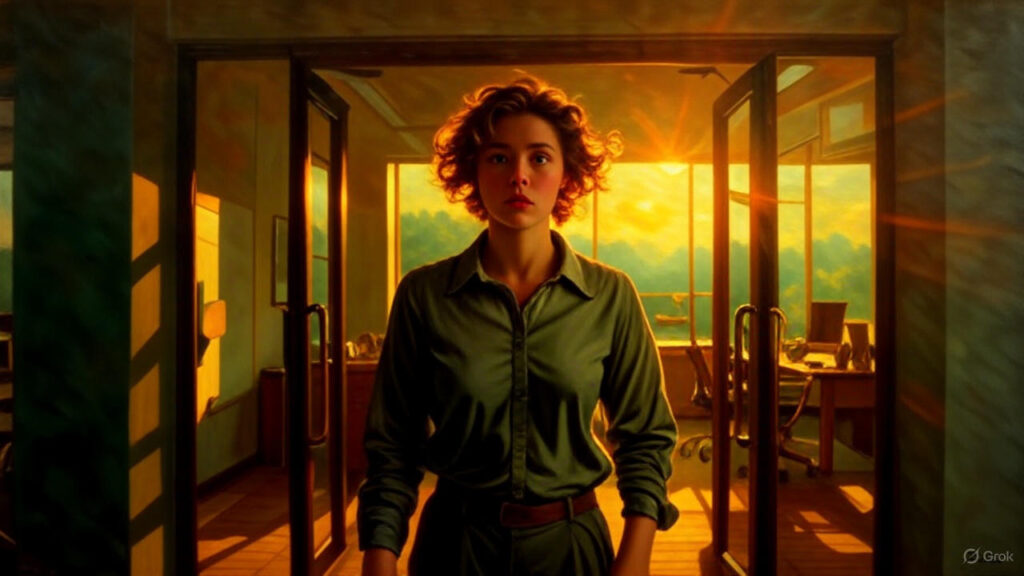 एक युवा कर्मचारी पहली बार ऑफिस में प्रवेश करते हुए, चेहरे पर घबराहट और उत्साह।