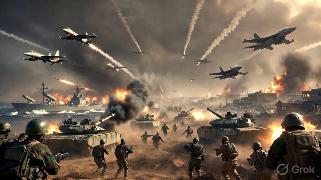 War scene representing rising military tension between Iran and the United States in the Middle East