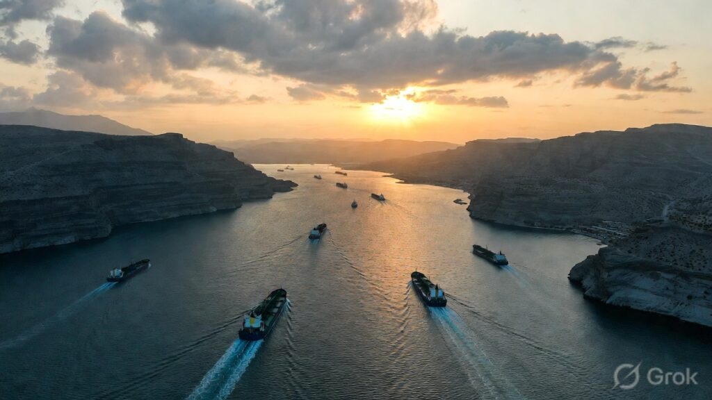 Oil tankers passing through the Strait of Hormuz, the world’s most critical oil shipping route.