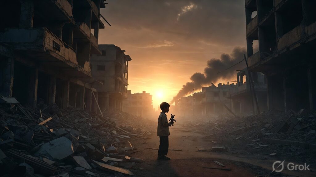 A child standing in a destroyed street during wartime symbolizing the human cost of war.