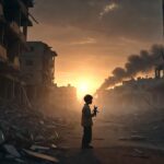 A child standing in a destroyed street during wartime symbolizing the human cost of war.