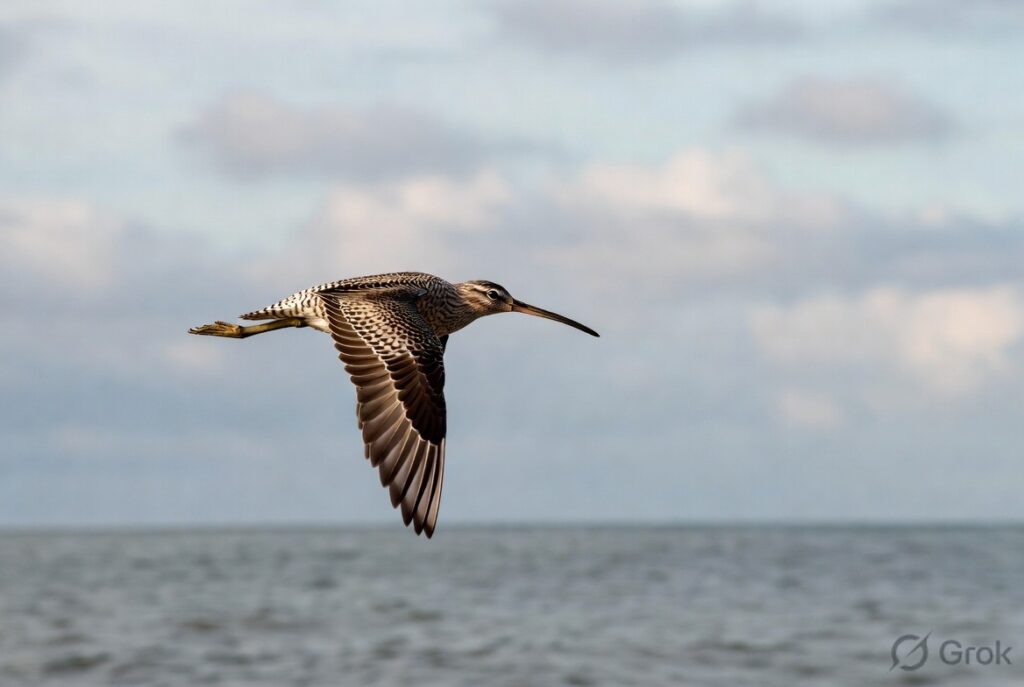 Bar-tailed Godwit flying over the ocean during its long-distance migration journey